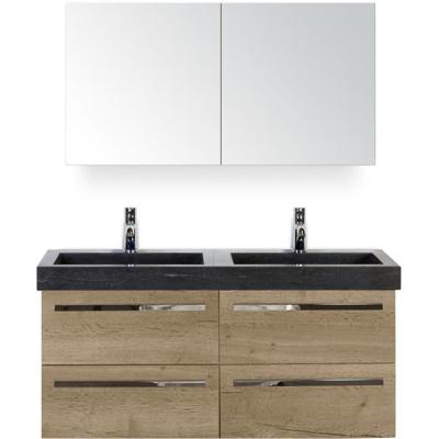 Seville Badmeubelset 120 cm - 4 Laden Natuur Eiken - Wastafel Hardsteen Wit Lucca met Spiegelkast