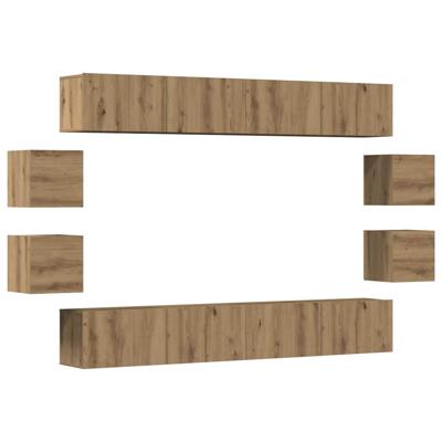 8-delig Tv-meubelset wandmontage bewerkt hout artisanaal eiken - thumbnail