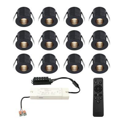 Set van 12 Betty LED Mini Inbouwspots met Trafo - 12 Volt 3 Watt 140 lumen - Dimbaar - Verzonken - Plat 37mm - 2700K - IP44 waterdicht - Zwart - Veranda spotjes - overkapping spotjes