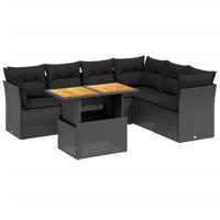 7-delige Loungeset met kussens poly rattan zwart - thumbnail
