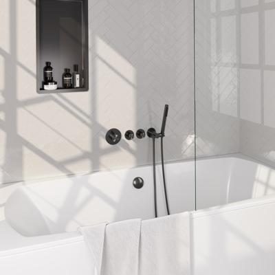 Brauer Stripe thermostatische inbouw badkraan SET 01 met badvulcombinatie en staaf handdouche en doucheslang en wandaansluitbocht gunmetal geborsteld PVD