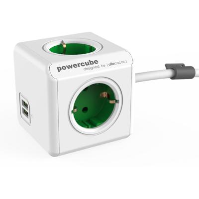 Allocacoc 1402GN/DEEUPC Stekkerdoos | PowerCube Extended | 2x USB-A poorten | 4 Sockets | Wit/Groen | 1,5 meter