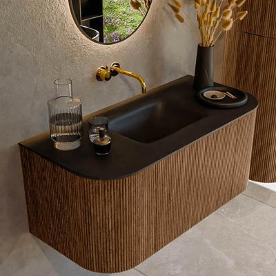 Mondiaz KURVE 100 cm Onderkast Greeploos 1 Lade Met Deuren Walnut, Wastafel Solid Surface MIdden Urban 0 Kraangaten Zonder Spiegel (KRVGRU100L+R1L2D0KM-Wal/Urb)