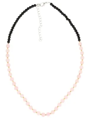 Edelsteen Ketting Rozenkwarts & Zwart Glas Kralen Edelsteen Ketting Rozenkwarts & Zwart Glas Kralen