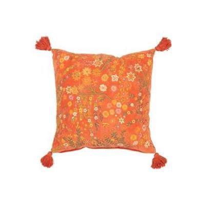 J-Line kussen Vierkant Bloemen + Kwastjes - fluweel - oranje