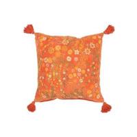 J-Line kussen Vierkant Bloemen + Kwastjes - fluweel - oranje - thumbnail