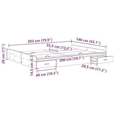 Opbergbedframe met lade Betongrijs 140 x 200 cm Bewerkt hout