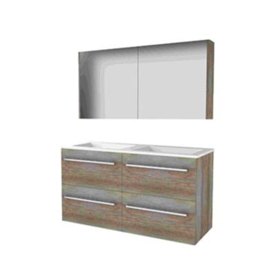 Basic-Line Comfort 46 Badkamermeubelset - 120 x 46 cm - Met Grepen - 4 Lades - Acryl Wastafel - Zonder Kraangat - Spiegelkast - Scotch Oak