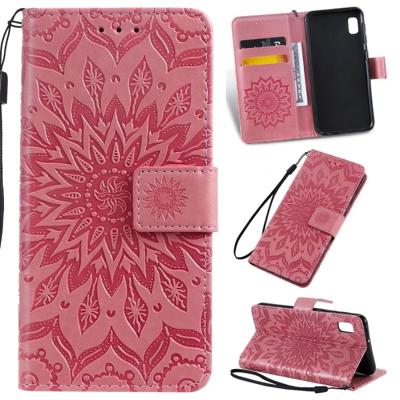Gedrukt afdrukken zonnebloem patroon horizontale Flip PU lederen case voor Galaxy A10e met houder & kaartsleuven & portemonnee & Lanyard (roze)