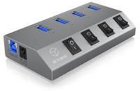 ICY BOX IB-Hub1405 4-voudige USB 3.0 hub en oplader, aan-/uitschakelaar voor elke poort, voeding (5V/4A), aluminium, oplaadstandaard BC 1.2, grijs - thumbnail