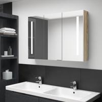 Badkamerkast met spiegel en LED 89x14x62 cm wit en eikenkleurig - thumbnail