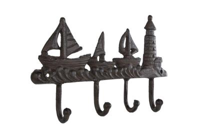 Wandhaak "Port" 4 haken oud bruin metaal 25,5x16,5x4 cm