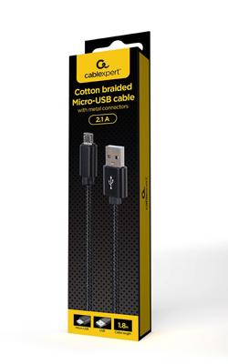 Gembird CCDB-mUSB2B-AMBM-6 Katoenen gevlochten micro-USB-kabel met metalen connectoren, 1,8 m, zwart