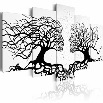 Schilderij - Kus van de wind , zwart wit , boom , hoofd , 5 luik, print op echt Italiaans canvas, Wanddecoratie, Abstract, liefde