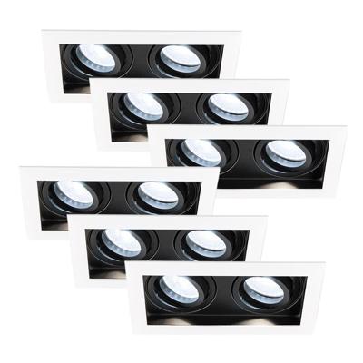 Set van 6 Durham - LED Inbouwspot - 8 Watt 690 Lumen - 6500K Daglicht wit - Dubbel - GU10 - Kantelbaar - IP20 voor binnen - Rechthoek - Wit/Zwart