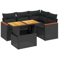 5-delige Loungeset met kussens poly rattan zwart - thumbnail