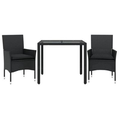 3-delige Tuinset met kussens poly rattan en glas zwart