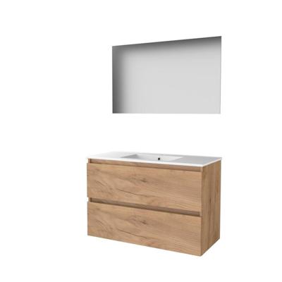 Basic-Line Ultimate 46 Badkamermeubelset - 100 x 46 cm - Greeploos - 2 Lades - Keramische Wastafel - 1 Kraangat - Spiegel met Indirecte LED Verlichting - Whisky Oak