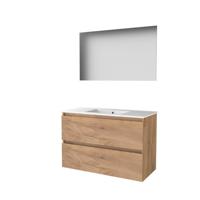 Basic-Line Ultimate 46 Badkamermeubelset - 100 x 46 cm - Greeploos - 2 Lades - Keramische Wastafel - 1 Kraangat - Spiegel met Indirecte LED Verlichting - Whisky Oak - thumbnail