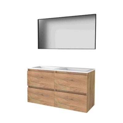 Basic-Line Framed 46 Badkamermeubelset - 120 x 46 cm - Greeploos - 4 Lades - Acryl Wastafel - Zonder Kraangat - Spiegel met Zwart Aluminium Frame - Whisky Oak