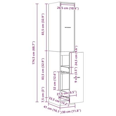 Apothekerskast 30x41x174,5 cm bewerkt hout artisanaal eiken