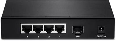TRENDnet TEG-S51SFP 4-poorts Gigabit Switch met SFP-slot, 10 Gbps schakelcapaciteit, ventilatorloos ontwerp, metalen behuizing, magnetische bevestiging
