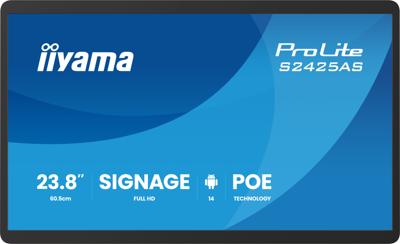 iiyama Prolite S2425AS-B1P Digitale signage display, 60,5 cm 23,8 inch, IPS LED, Full HD, USB-C audio-out, USB2.0/3.2 RJ45 Android 14 OS iiSignage² WiFi Bluetooth PoE 24/7 3H Anti-Glare zwart