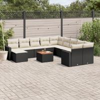 12-delige Loungeset met kussens poly rattan zwart - thumbnail