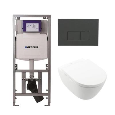 Villeroy Boch Subway 2.0 DirectFlush Toiletset - softclose - geberit reservoir - qeramiq bedieningsplaat bedieningsplaat antraciet mat - rechthoekige knoppen - wit 0701131/ga26028/SW729014/SW1182666/SW1102377