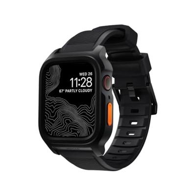 Nomad Rugged Band compatibel met Apple Watch armbanden serie 8, 7, 6, 5, 4 en SE, waterdichte horlogeband 45/44 mm, zwart/ultra oranje knopen, rubber, Rubber