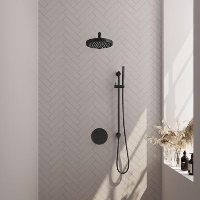 Brauer Stripe thermostatische inbouw regendouche 3-weg rond SET 43 met 25 cm douchekop en rechte muurarm en staaf handdouche en doucheslang en geintegreerde glijstang mat zwart