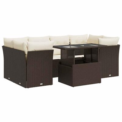 7-delige Loungeset met kussens poly rattan bruin