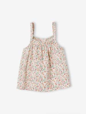 Meisjesblouse met schouderbandjes van katoengaas wit, bedrukt