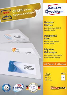 Avery-Zweckform 3427-200 Universele etiketten 105 x 74 mm Papier Wit 1760 stuk(s) Permanent hechtend Laser (kleur)