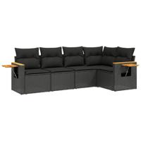 5-delige Loungeset met kussens poly rattan zwart - thumbnail