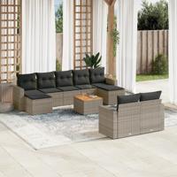 10-delige Loungeset met kussens poly rattan grijs - thumbnail