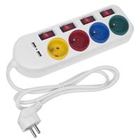 Maclean - Stekkerdoos met schakelaars met penaarde - 4-voudig + 2x USB - 250VAC/10A, 2,1A 5V - 1.5m - Wit - thumbnail