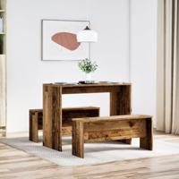 3-delige Eettafel en bankenset bewerkt hout oud houtkleurig - thumbnail