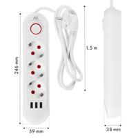 Maclean stekkerdoos, verlengkabel met 3 stopcontacten + 3xUSB, 110-240V AC 50/60Hz, 2,1A max 2500W, 1,5m, wit, MCE394 W - thumbnail