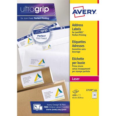 Avery L7159, Adresetiketten, Laser, Ultragrip, wit, 250 vellen, 24 per vel, 63,5 x 33,9 mm
