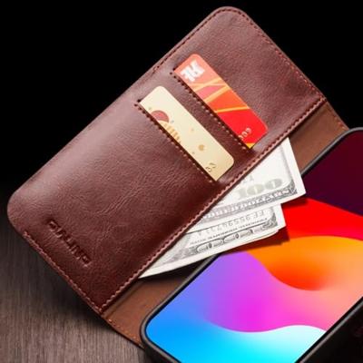 Qialino - iPhone 15 - Leren bookcase hoes - Bruin Qialino - iPhone 15 - Leren bookcase hoes - Bruin