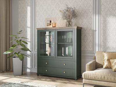 Vitrinekast EVOCO 2 deuren en 2 lades ribbec eik/groen met led