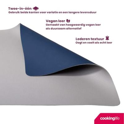 Cookinglife 6 Placemats + 6 Onderzetters - Dubbelzijdig - Vegan leer - Blauw / Grijs