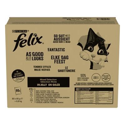 Felix Elke Dag Feest Mix Selectie met tonijn, kabeljauw, rund, kip in gelei natvoer kat 1 doos (80 stuks)