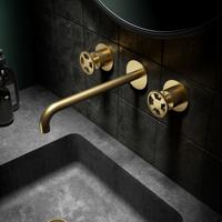 Wastafelmengkraan Hotbath Cobber @Work Inbouw 25 cm 3 Gats Geborsteld Messing PVD (excl. inbouwdeel) - thumbnail