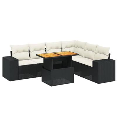 7-delige Loungeset met kussens poly rattan zwart