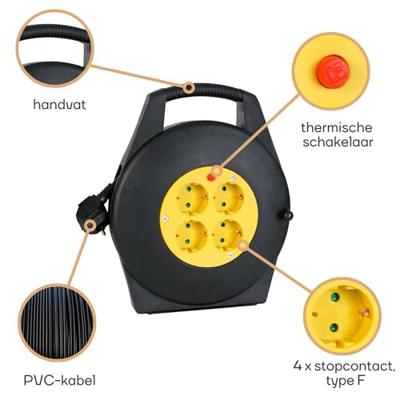 Perel kabelhaspel 3G1.5, met 4 stopcontacten, 10 m, geel en zwart Perel kabelhaspel 3G1.5, met 4 stopcontacten, 10 m, geel en zwart