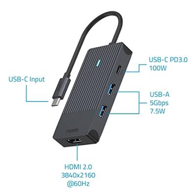 Rapoo UCM-2001 USB-C Adapter 4-in-1 USB Hub Zwart - thumbnail