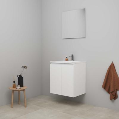 On-Line Badkamermeubelset - 60 cm - Bouwpakket - Greeploos 2 Deuren - Acryl Wastafel - 1 Kraangat - Spiegel - Hoogglans Wit