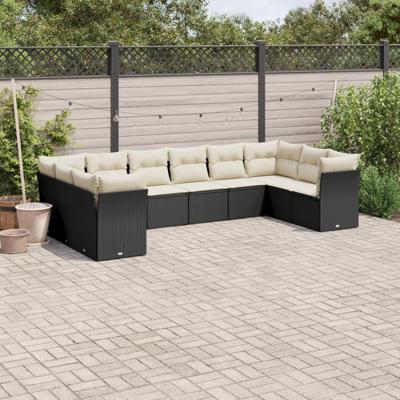10-delige Loungeset met kussens poly rattan zwart - thumbnail